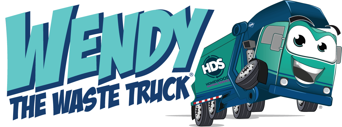Wendy the Waste Truck garbage truck illustration with Wordmark